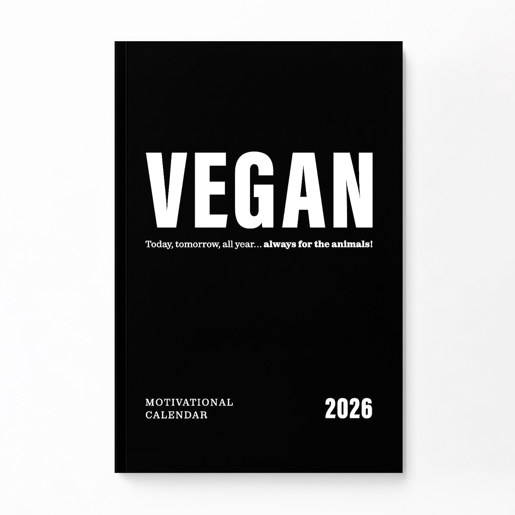 Motivational vegan calendar 2026 by Empathy Education Maja Madejska. Black softcover planner for vegans, vegetarians and animal lovers!
